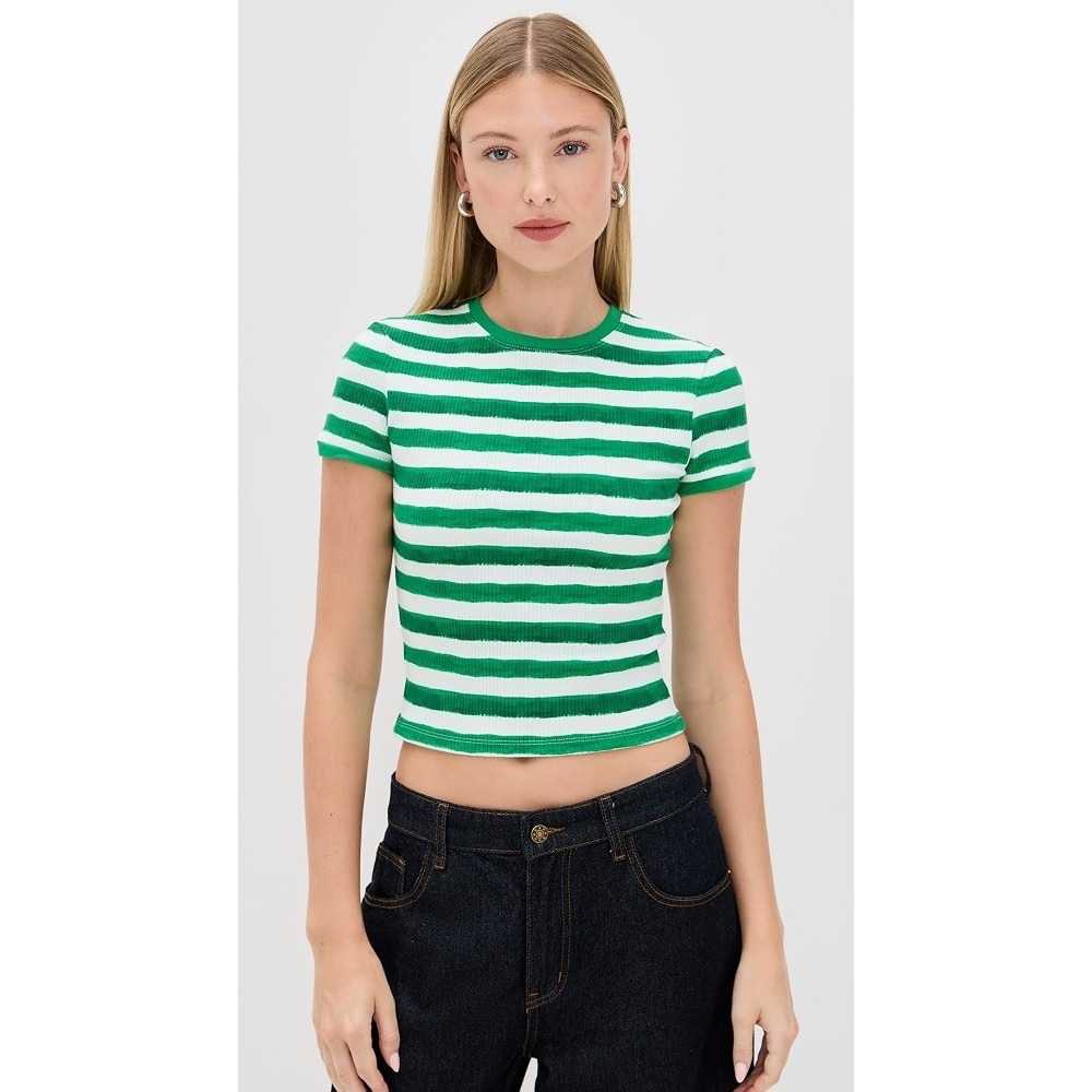Alice + Olivia Tess Crew Neck Tee Green White Striped Ribbed Knit Top Small